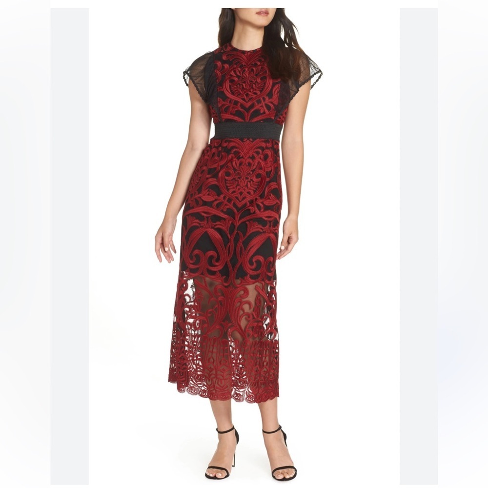 Foxiedox Elegant Black and Red Lace Midi Dress